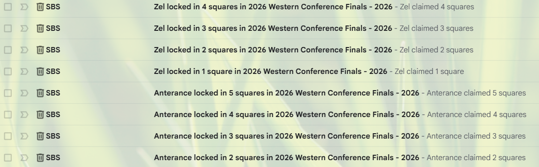Inbox flooded with one email per square claim, eight in a row from the same two players.